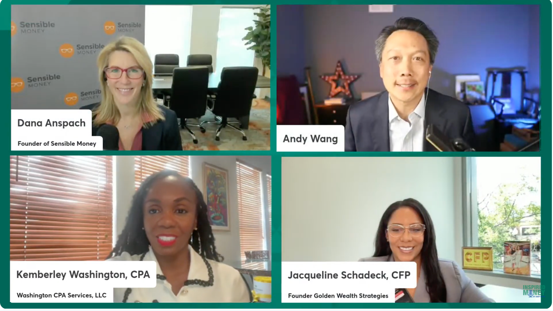 Dana Anspach, Andy Wang, Kemberley Washington, and Jacqueline Schadeck discuss wealth preservation and financial planning on Inspired Money livestream
