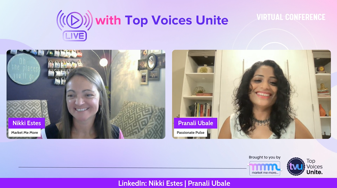 ranali Ubale and Nikki Estes discuss corporate podcasting on Voices of the Week livestream, highlighting trust and brand authority