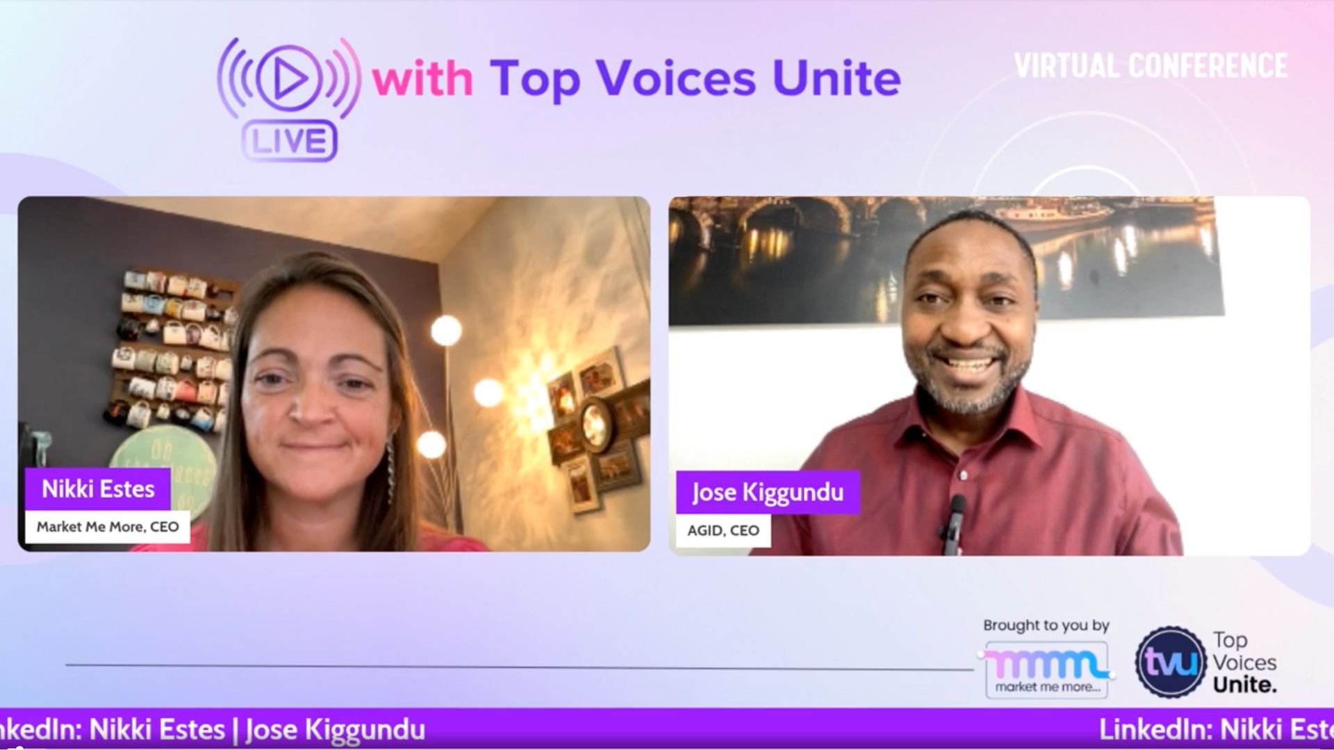 Nikki Estes and Jose Kiggundu discussing leadership and innovation on Top Voices Unite virtual conference livestream