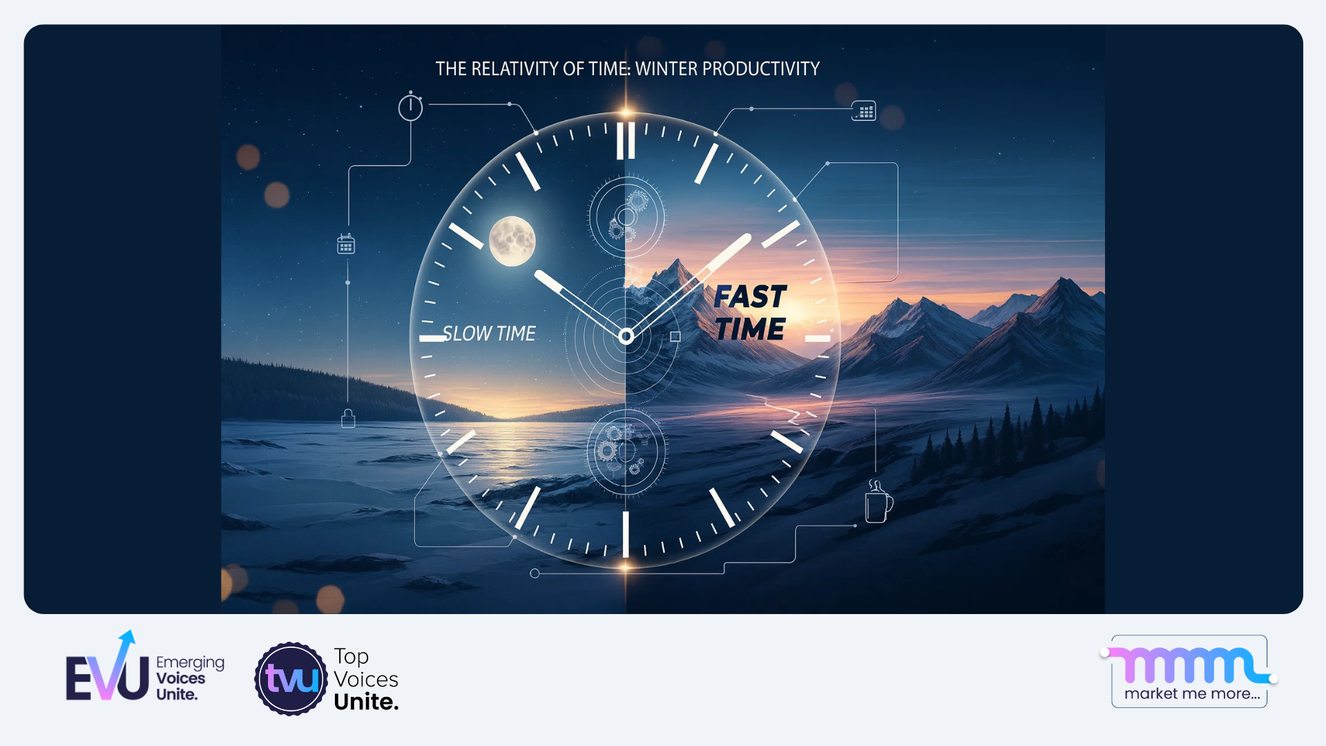 clock blended with glowing horizon, relatively metaphor, fast-slow time concept, winter productivity aesthetic