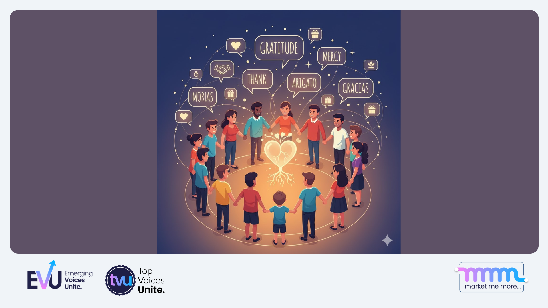 Diverse community circle sharing gratitude messages around a glowing heart symbol