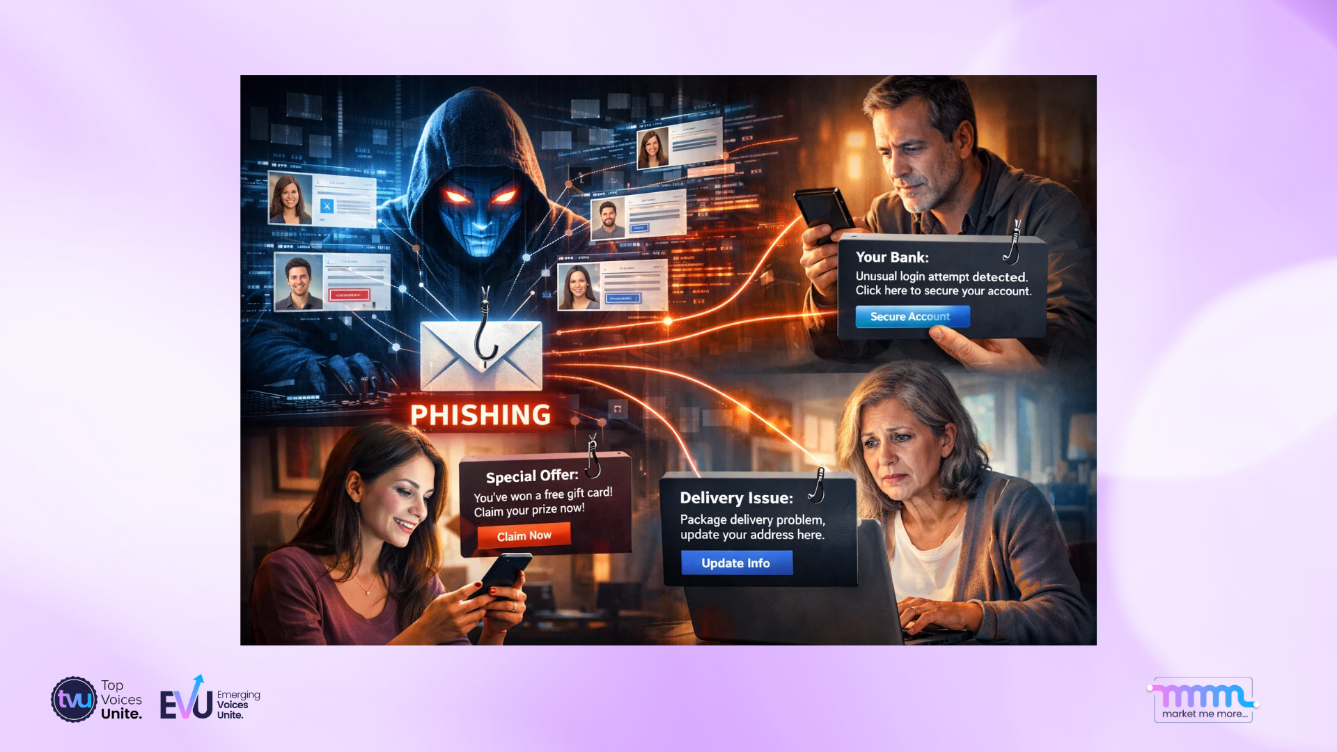 Conceptual image showing an AI-driven phishing attack targeting individuals with customized, convincing messages