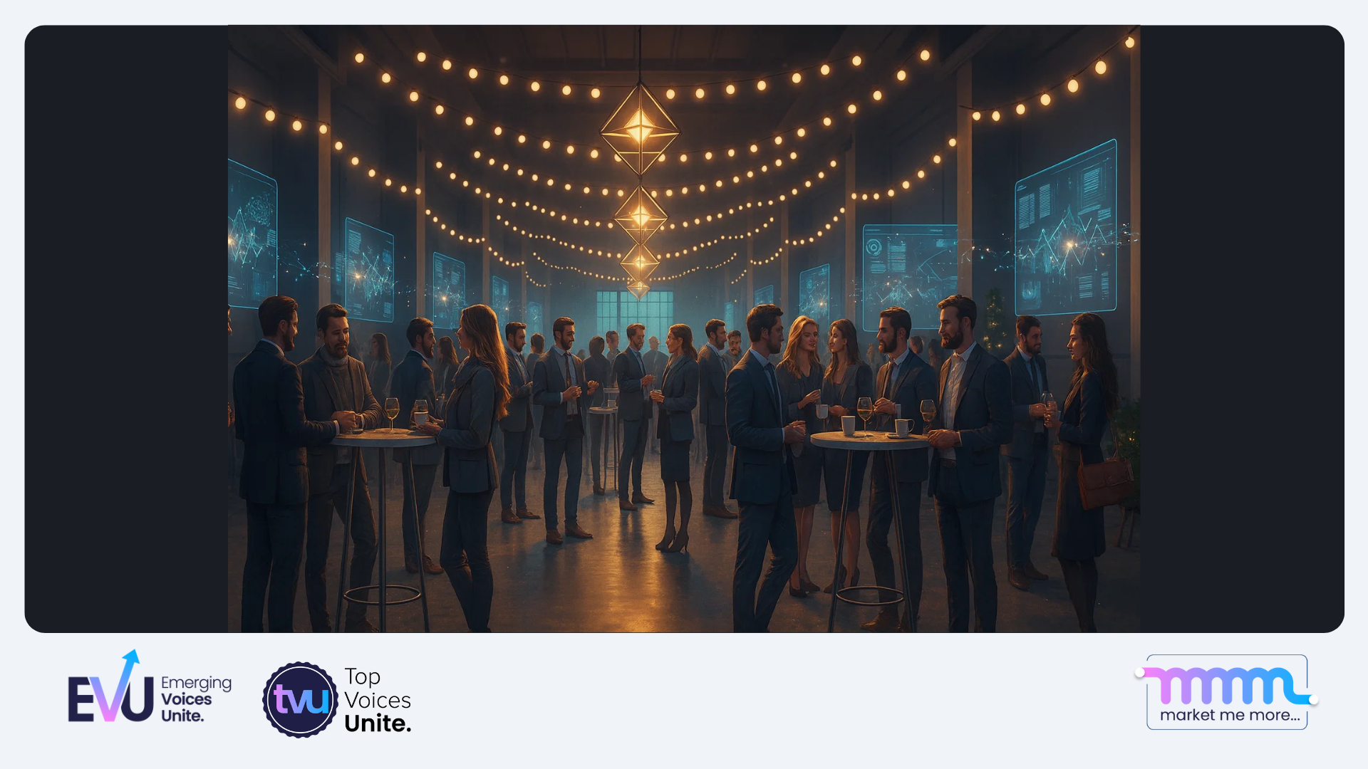 conference hallway with people neworking in winter tones, warm lighting, collaborative conversations, serendipity moments