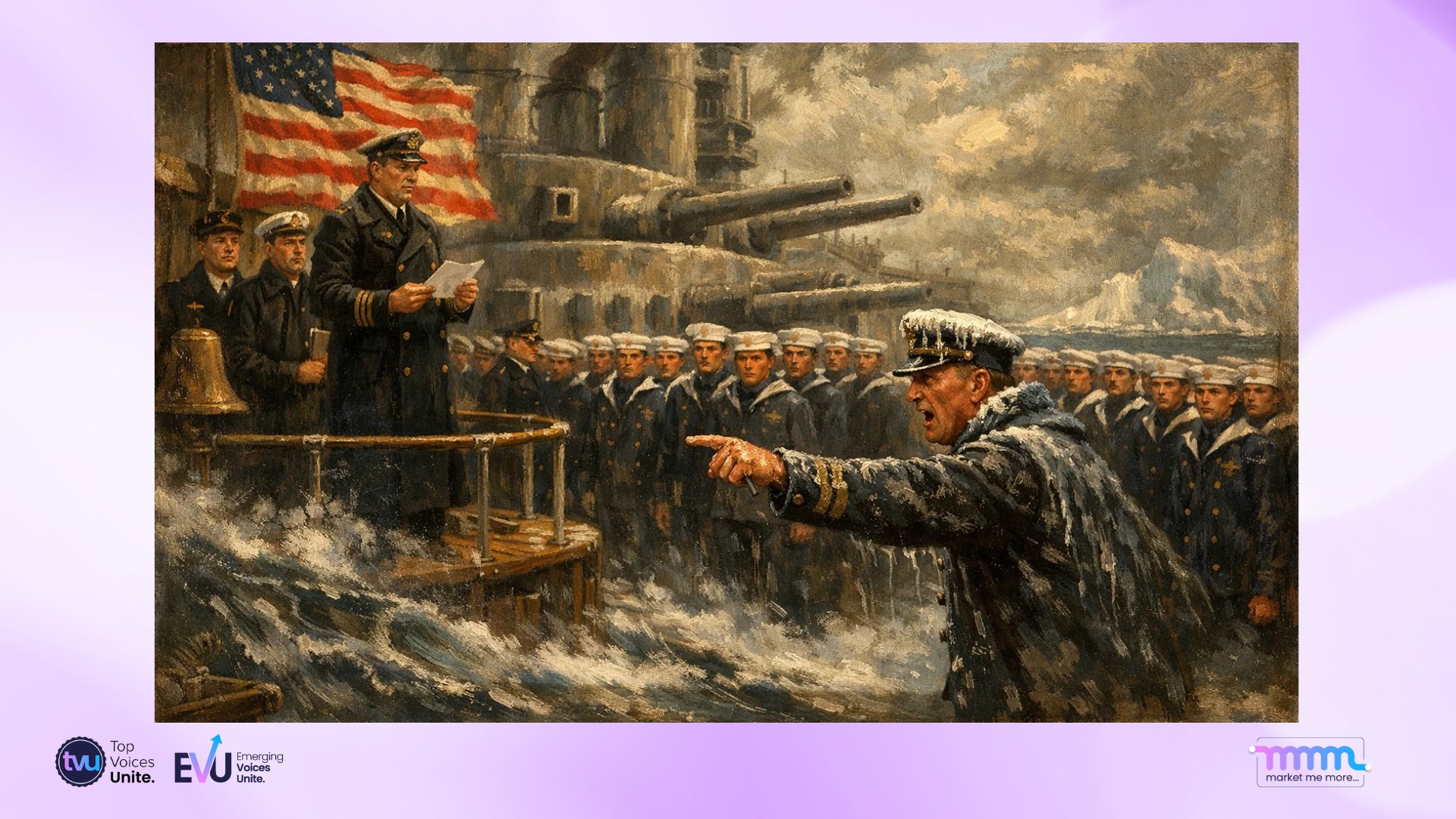 Historical-style visual representing the USS Wyoming commissioning and disciplined leadership under extreme conditions