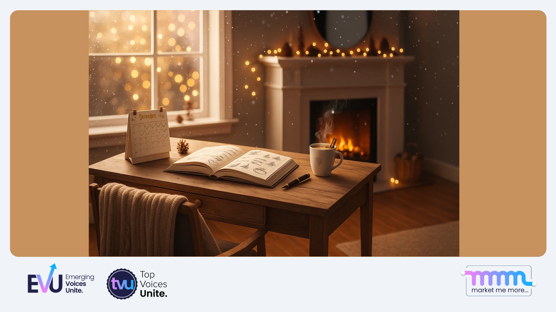 Gratitude journal on wooden desk with warm winter lighting, beginning of December reflection