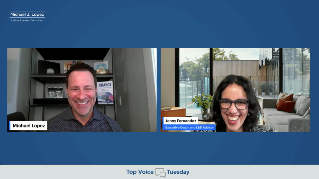 Jenny Fernandez shares leadership lessons with Michael Lopez on Top Voices Tuesday livestream about non-linear career paths and AI-era adaptation