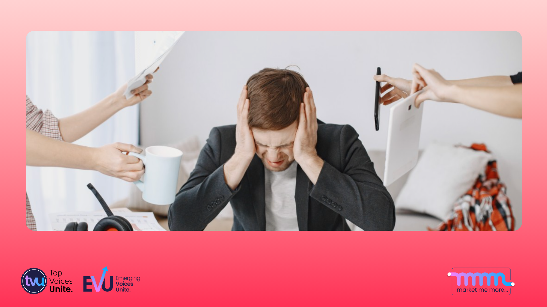 Overwhelmed businessman covering ears while multitasking