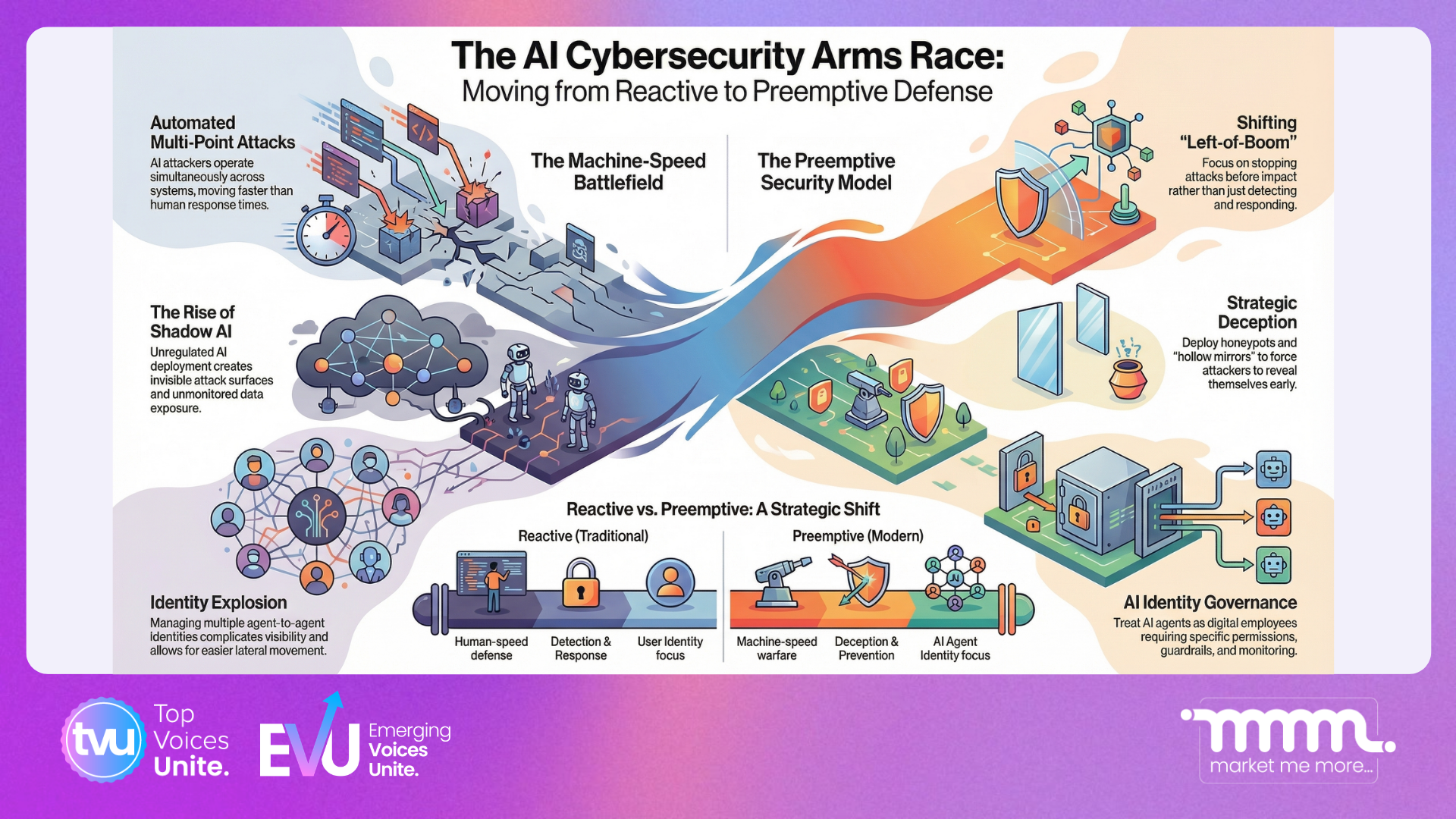 AI cybersecurity arms race infographic on preemptive defense, threat detection, and enterprise security strategy