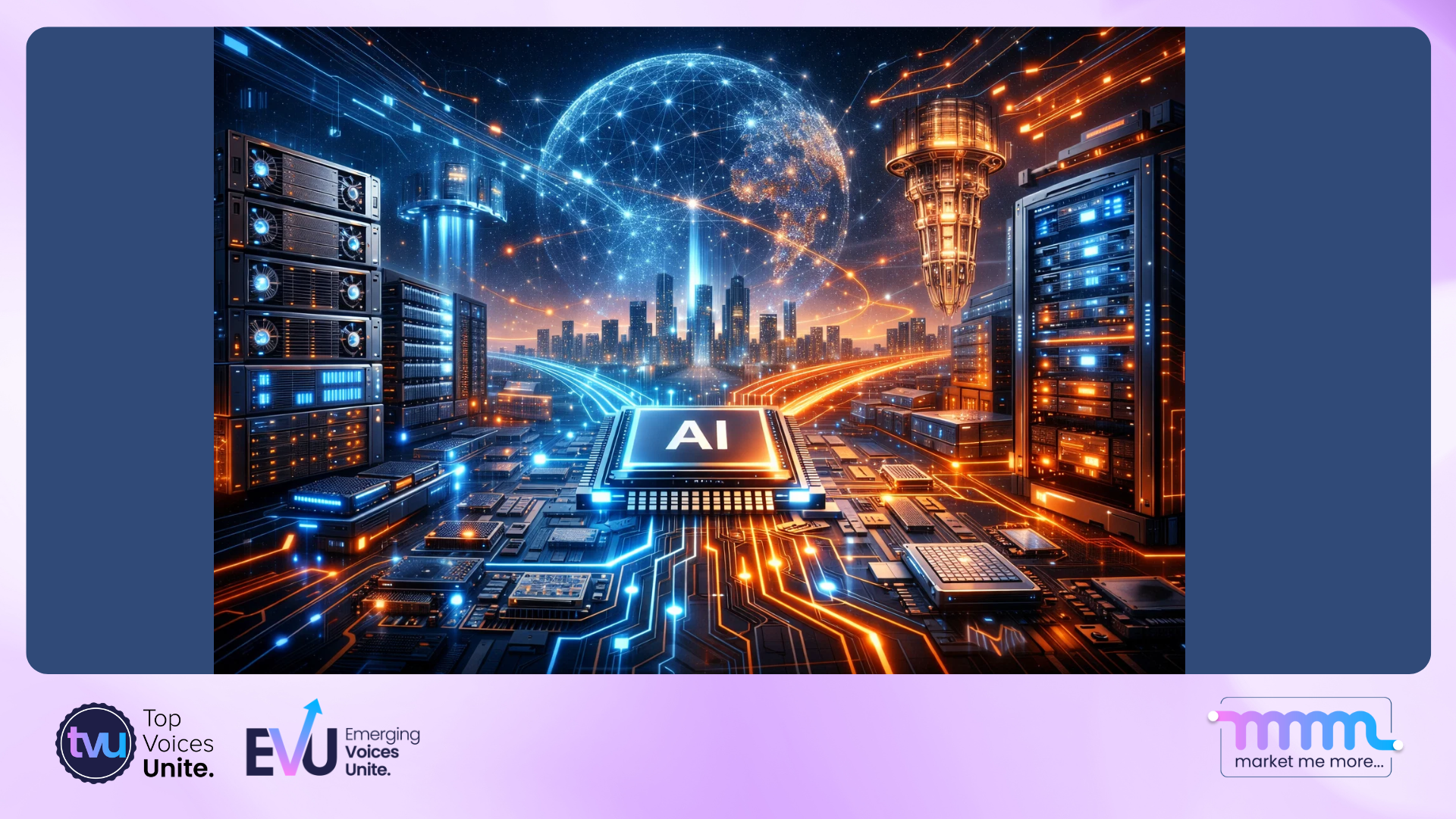 Conceptual visual of AI infrastructure, compute hardware and digital networks shaping the future of technology