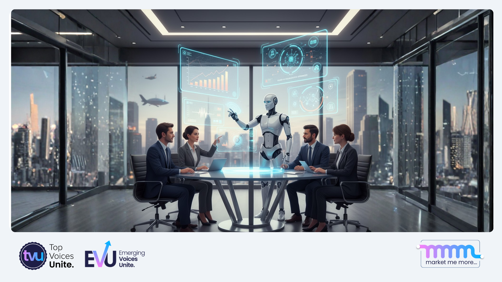 Diverse business professionals and humanoid robot collaborating around modern table with digital displays showing human-AI interface data