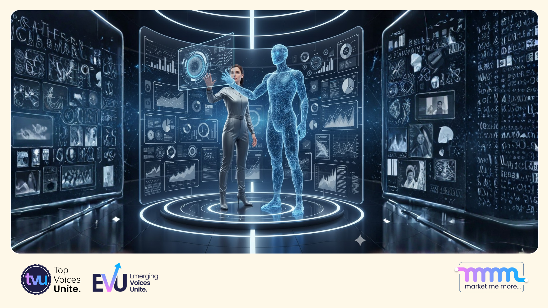 AI human collaboration visualization showing artificial intelligence and human expert working together with data visualization and business metrics displayed