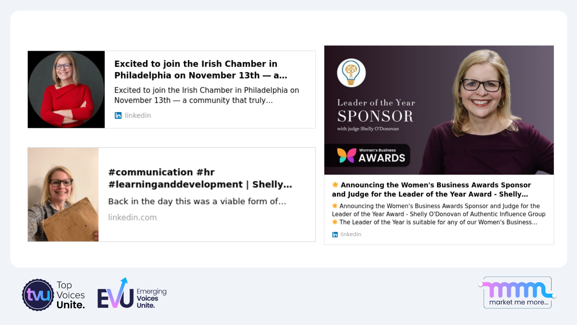 Shelly's recent LinkedIn posts including event announcements, communication insights, and her role as a Women's Business Awards sponsor and judge