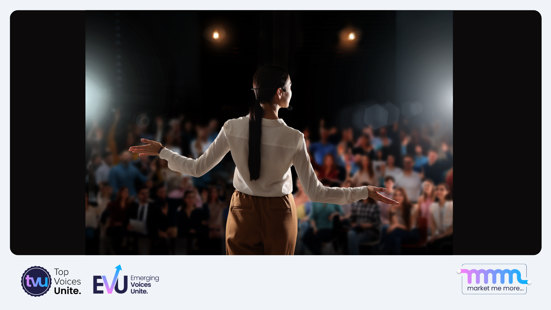 A confident business leader speaking with strong executive presence, surrounded by communication icons and trust-building elements