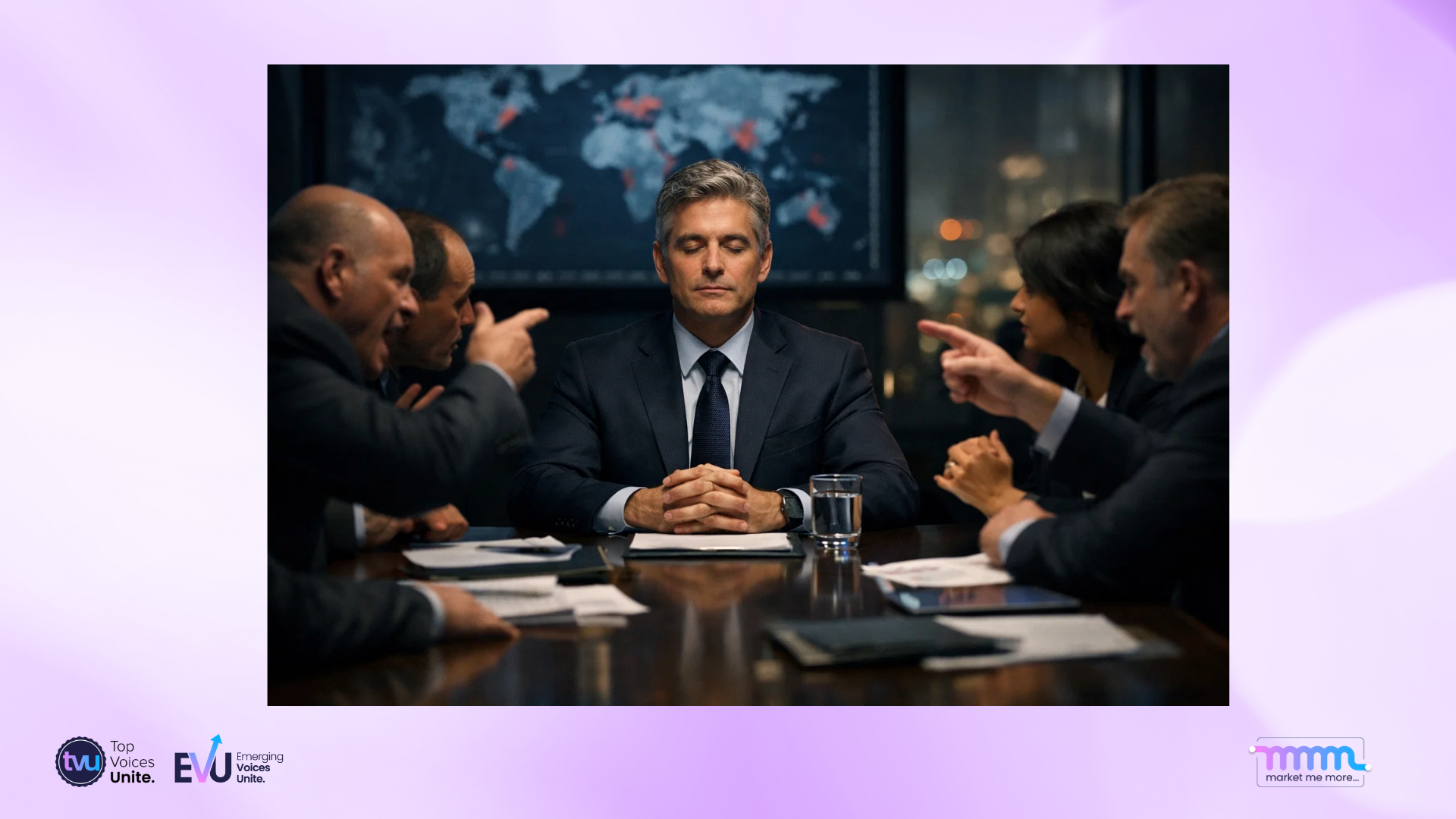 Visual of a leader remaining calm during a tense situation, emphasizing the importance of patience and silence in high-stakes decision-making