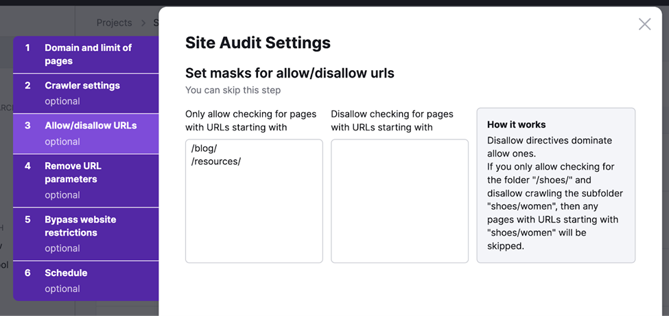 Site audit settings