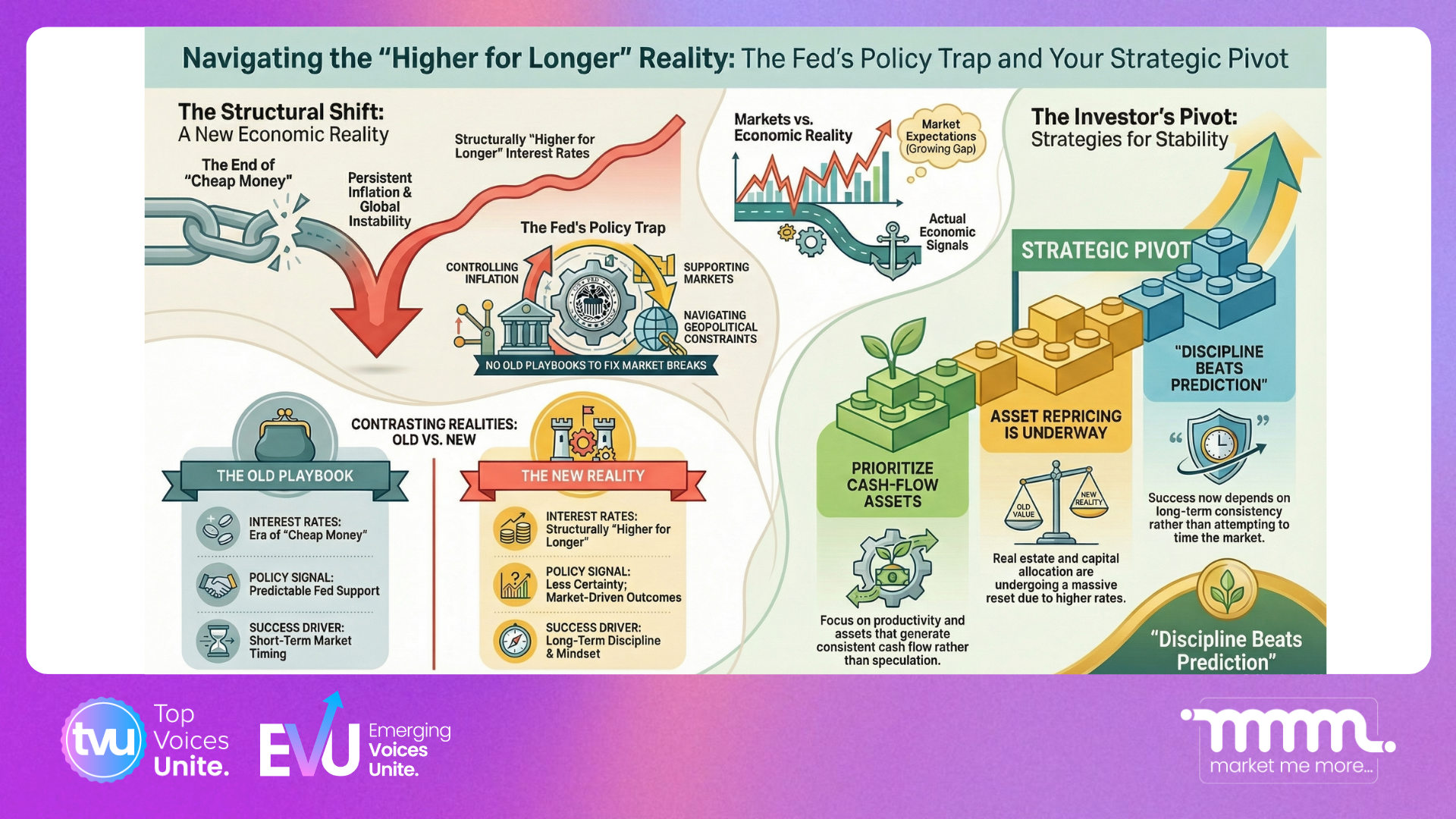 Inspired Money infographic on Fed policy, higher for longer interest rates, market strategy, and investing discipline