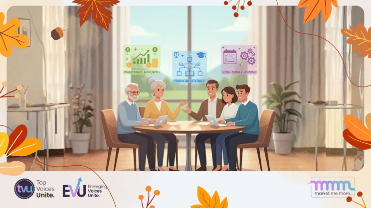 Generational wealth transfer planning with family members discussing inheritance and financial literacy