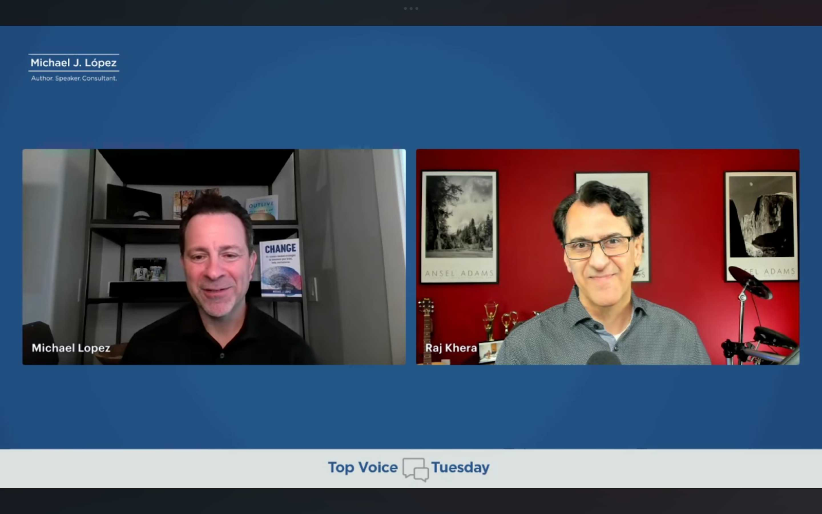 Raj Khera speaking with host Michael Lopez during the Top Voices Tuesday live session