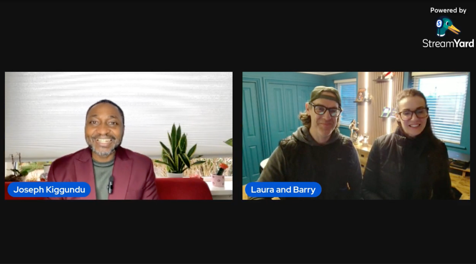 Jose Kiggundu with Laura and Barry Ash during 'The People Behind The Posts' live conversation on burnout and resillience