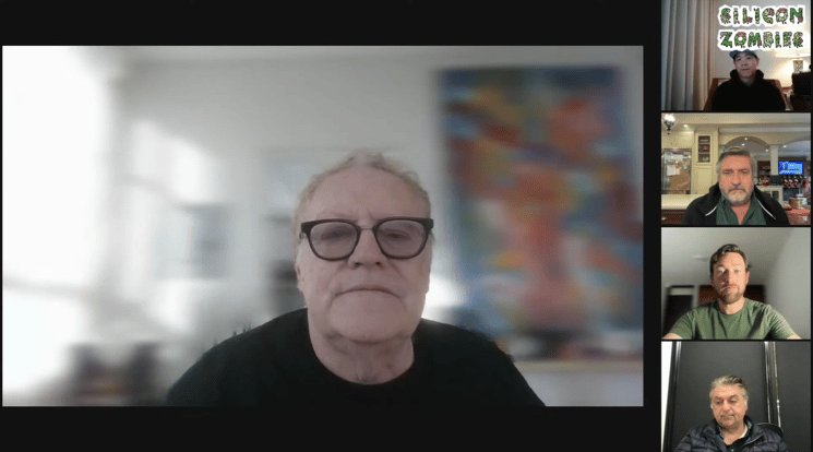 Crypto Zombies team composed of Nick Larson, Hooman Khalili, Chris Kelly, and Bryn Nguyen with guest speaker Michael Terpin on screen discussing about crypto market