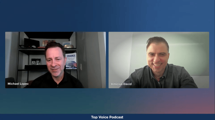 Michael Lopez and Vinicius David engaging in a deep discussion about AI strategy for small businesses during the Top Voice Podcast livestream