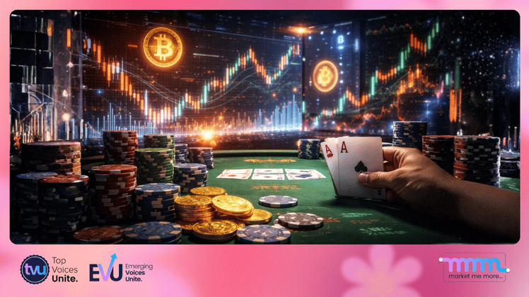 A high-stakes poker table visual blending with digital crypto trading charts