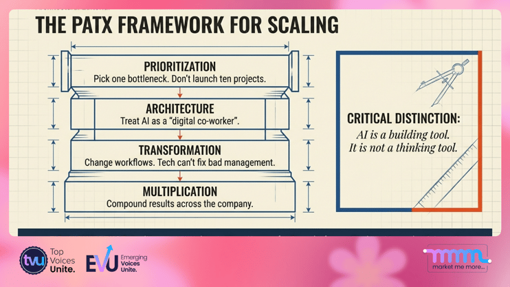 A professional diagram illustrating the PATX framework: Prioritization, Architecture, Transformation, and Multiplication