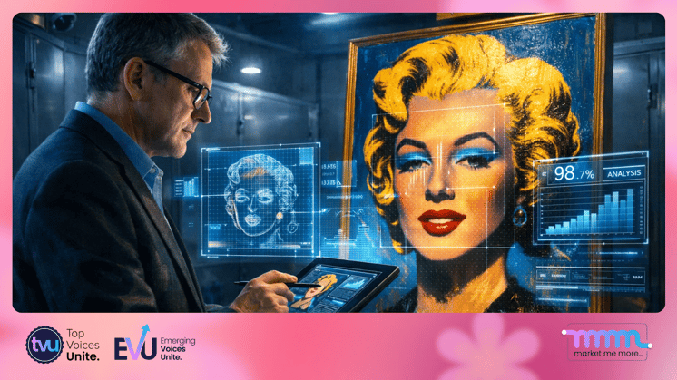 A professional art appraiser using a digital tablet to analyze a blue-chip painting inside a high-security warehouse facility, symbolizing the blend of modern data and a human eye for quality