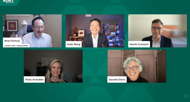 The Inspired Money livestream panel featuring four behavioral finance experts seated in a professional video conference setting