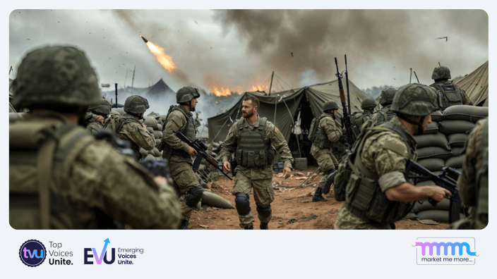 Composed leader checking on personnel during crisis, calm presence contrasting chaotic environment