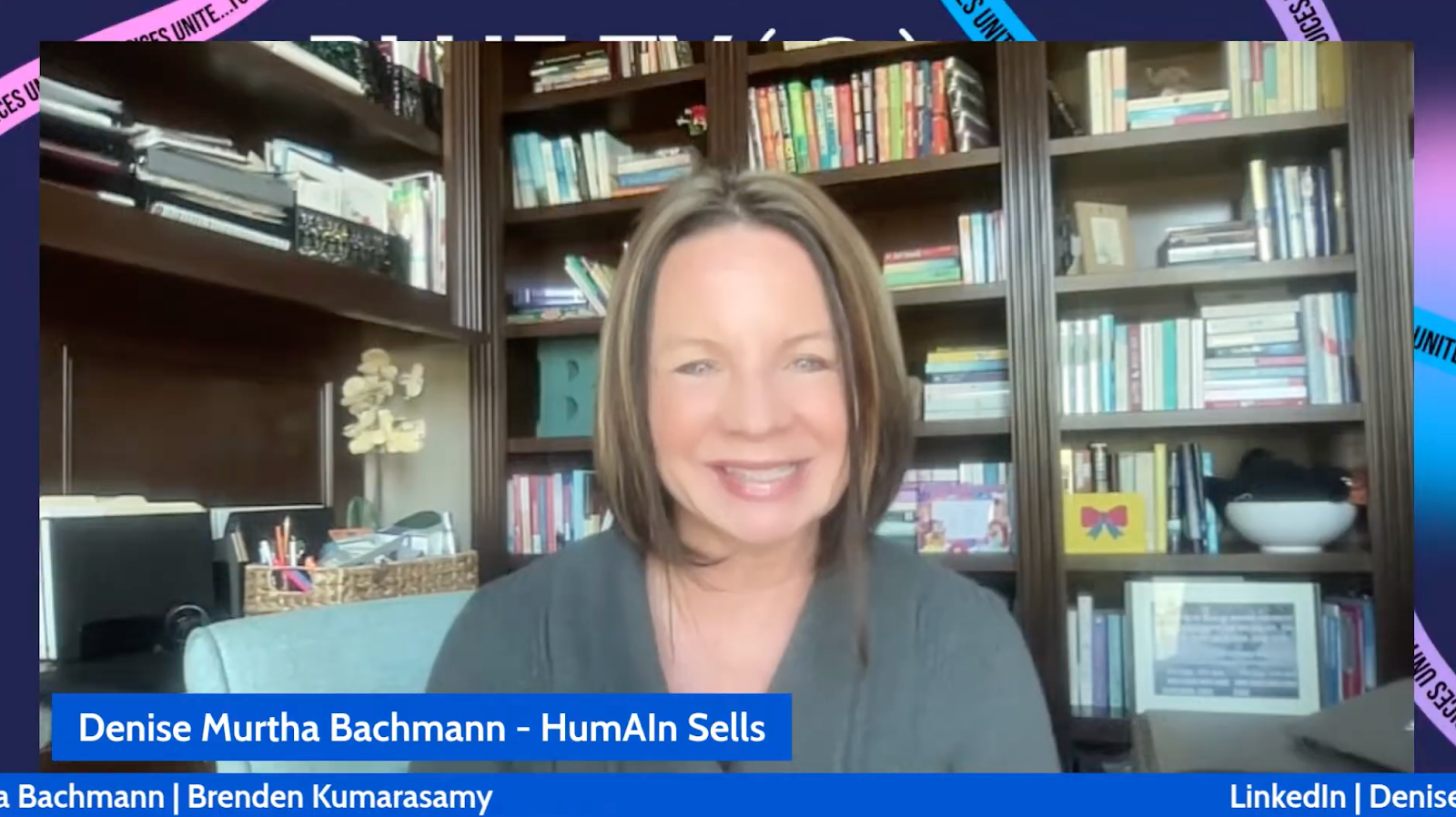 Denise Murtha Bachmann hosting BlueTv Season 3 live and discussing storytelling on LinkedIn
