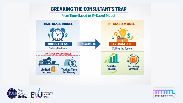A clean, professional infographic showing the transition from a 'Time-Based' revenue model to an 'IP-Based' model