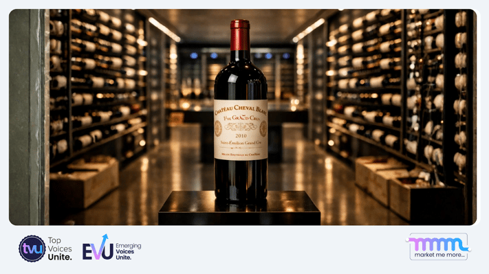 A luxury bottle of Cheval Blanc illuminated in a modern temperature-controlled cellar