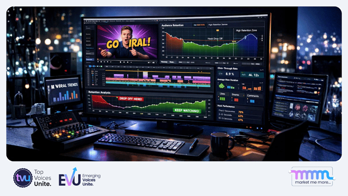 A high-tech workspace showing data analytics on a video editing screen