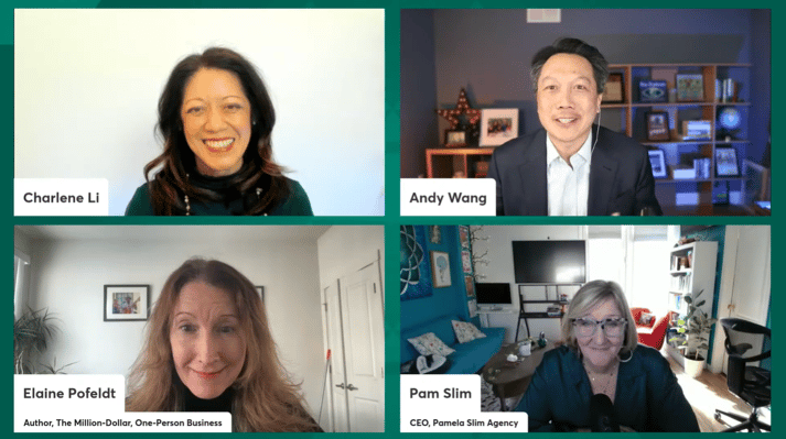 Inspired Money livestream panel with Andy Wang featuring Pamela Slim, Charlene Li, and Elaine Pofeldt