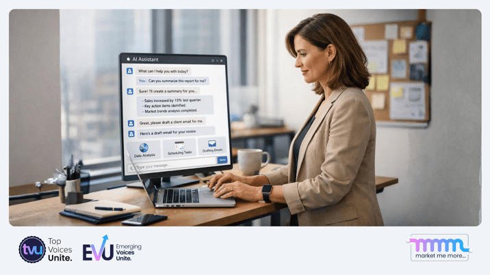 A professional at a standing desk using a laptop with an AI chat window open