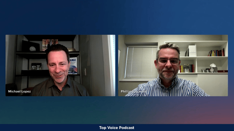 Michael Lopez and Philip Ledgerwood discussing the impact of AI on professional identity during Top Voice Podcast
