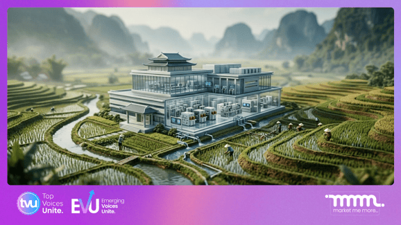 A futuristic digital visualization of a semiconductor factory in Vietnam blending with traditional agricultural landscapes