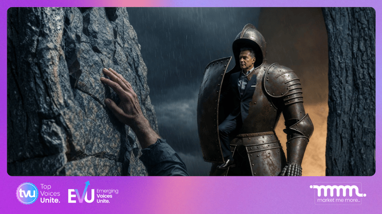 A weathered suit of medieval armor, cracked and rusted, with the chest plate open like a door — revealing a modern executive stepping confidently out of it