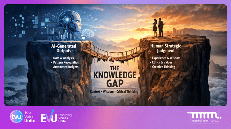 A conceptual graphic illustrating the "Knowledge Gap" between AI-generated outputs and human-led strategic judgment