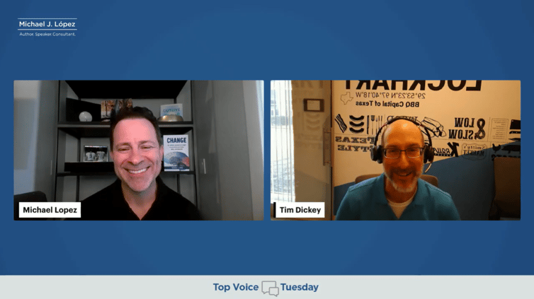 Tim Dickey and Michael Lopez on Top Voices Tuesday discussing AI product implementation, business logic, and real-world AI success metrics