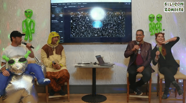 Dr. Franck Marchis and Dr. Lauren Sgro discussing exoplanet discovery and SETI research on Silicon Zombies livestream with hosts Hooman Khalili and Nick Larson, featuring space exploration graphics