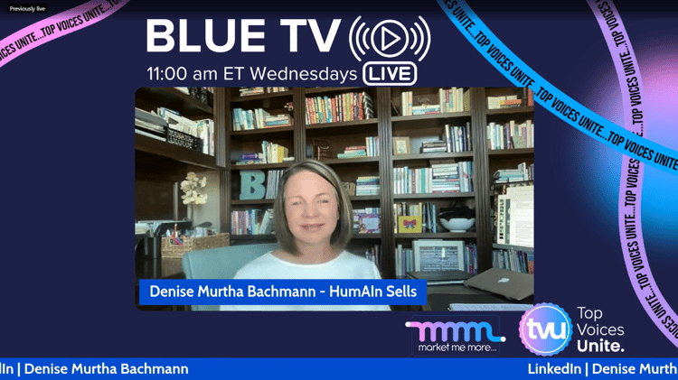 Denise Murtha Bachmann on Blue TV discussing signature CTAs and content strategy with engagement framework graphics displayed