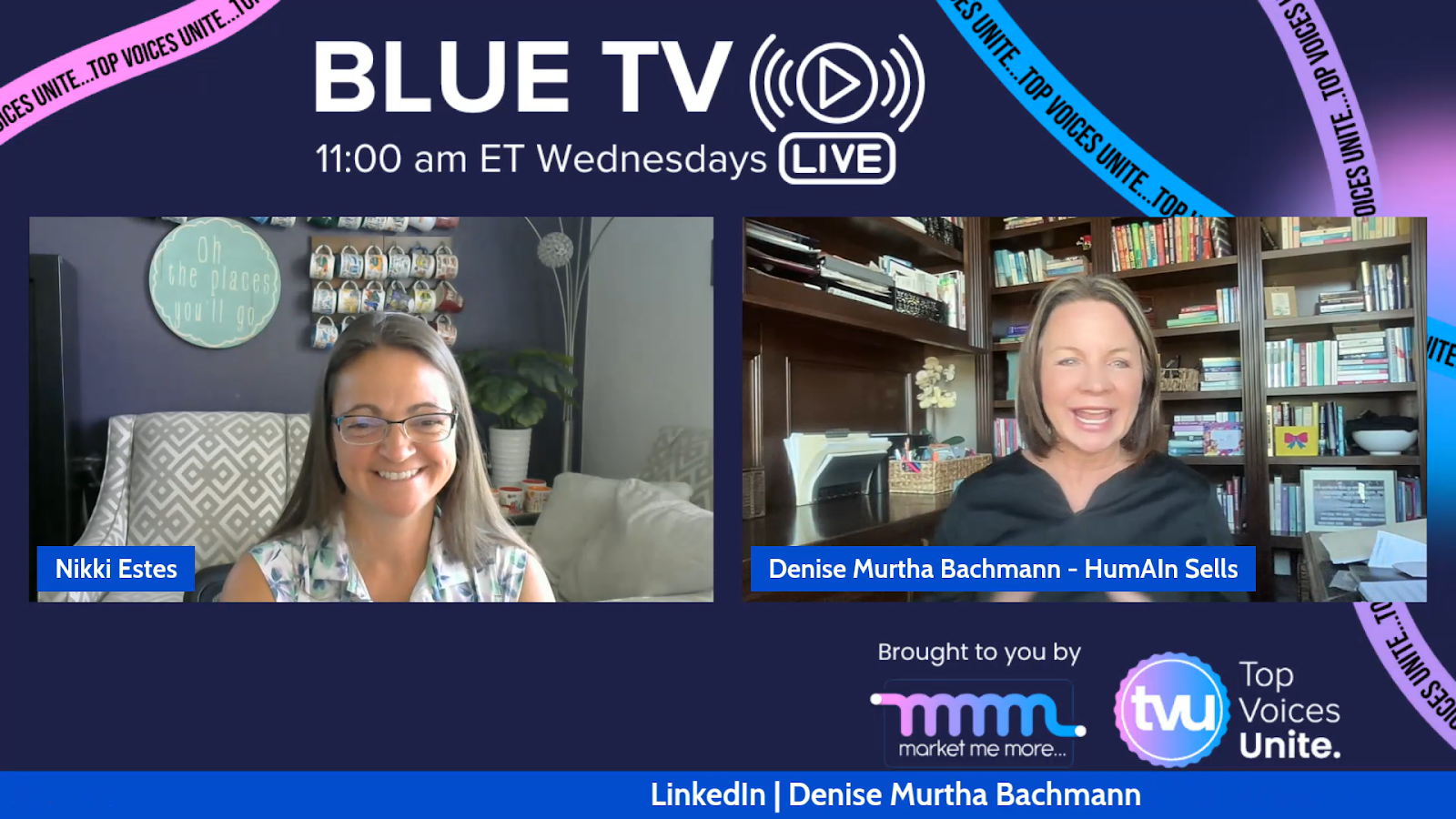 Denise Murtha Bachmann and Nikki Estes on BlueTV discussing LinkedIN tricks and treats you've made without realizing, with engagement strategy and signals graphics displayed