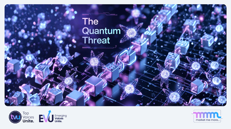 The Quantum Threat Visualization showing quantum computing atoms and blockhain cubes