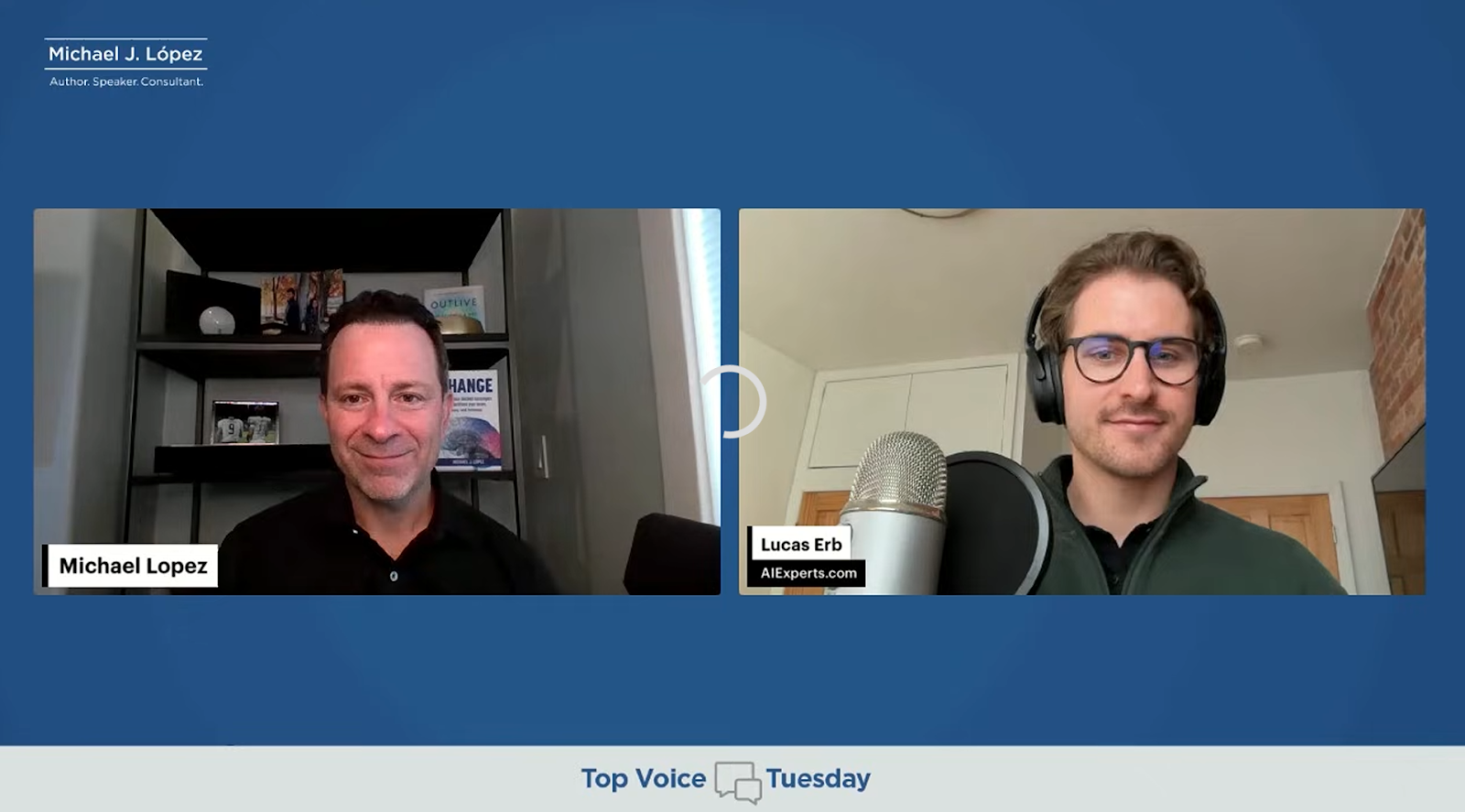 Michael Lopez interviewing Lucas Erb during a Top Voice Tuesday live session discussing ethical AI and workplace transformation