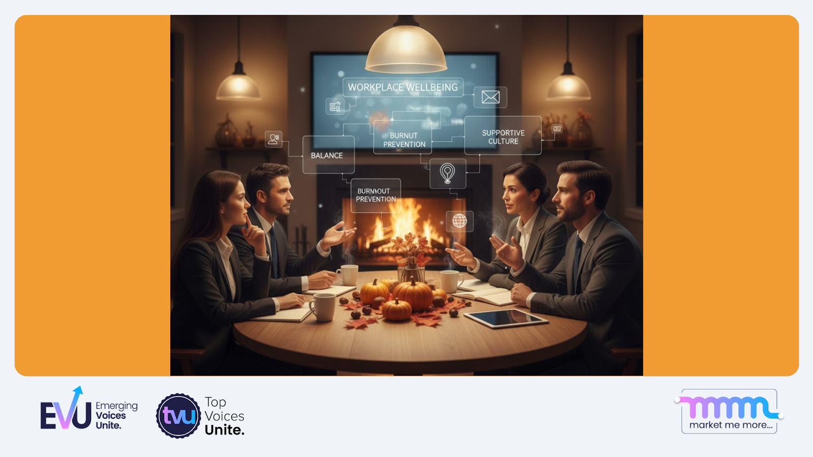 Warm thanksgiving wellness roundtable, leaders in soft amber lighting discussing workplace wellbeing