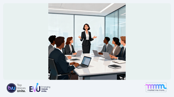 Professional business woman leading a meeting in modern office setting with seated team members