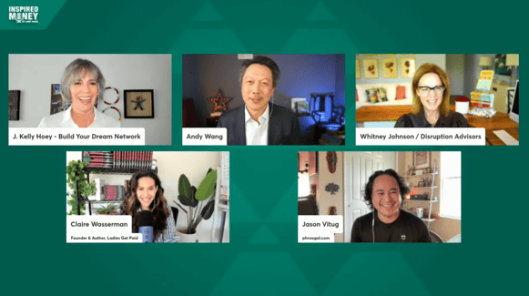 Andy Wang hosting Inspired Money panel discussion with Whitney Johnson, J. Kelly Hoey, Claire Wasserman, and Jason Vitug, exploring personal investment and professional development strategies