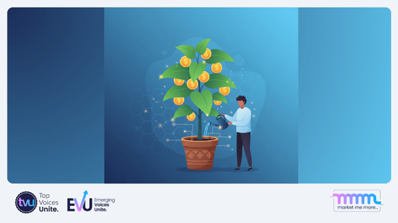 Return on Investment concept illustration featuring growing plant with dollar signs and person nurturing investment